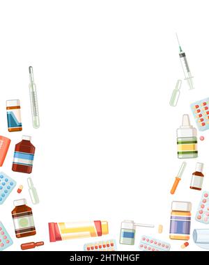 Medicines frame. Illustration with pills, capsules, thermometer, syringe, bandage, ointment. Medicinal drugs. Isolated on background. Flat design. Stock Photo