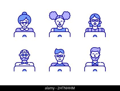 Male and female people of different ages working or learning at laptops. Pixel perfect, editable stroke color icons Stock Vector