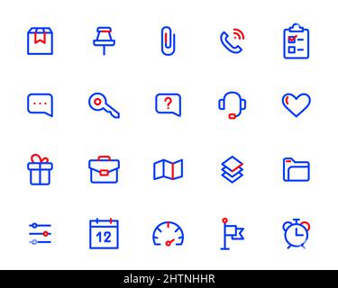 Simple user interface icons set. 20 pixel perfect, editable stroke icons. Delivery box, gift, pinpoint, phone call, messaging and checklist. Stock Vector