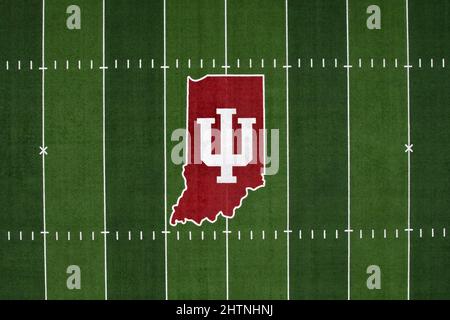 The Indiana Hoosiers logo is seen at midfield of the Memorial Stadium football field on the campus of Indiana University, Monday, Mar. 1, 2022, in Blo Stock Photo