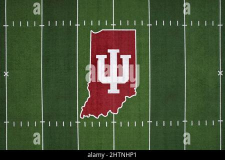 The Indiana Hoosiers logo is seen at midfield of the Memorial Stadium football field on the campus of Indiana University, Monday, Mar. 1, 2022, in Blo Stock Photo
