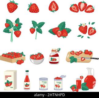 Set of red strawberries and product from it. Berries in box, bowl and on wooden board, jar of jam, packaging, bottle, glass and jug of juice, cans with fruits. Vector flat illustration Stock Vector