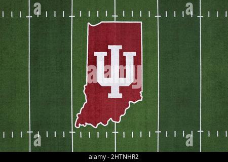 The Indiana Hoosiers logo is seen at midfield of the Memorial Stadium football field on the campus of Indiana University, Monday, Mar. 1, 2022, in Blo Stock Photo