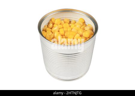 Canned sweet corn in metal can isolated on white background. Pickled corn. Steamed sweet corn seed. Stock Photo