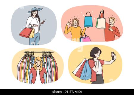 Set of happy women shopping on sales in mall or boutique. Collection of smiling girls with bags buy clothing on promotions or discounts. Consumerism and purchase. Vector illustration.  Stock Vector