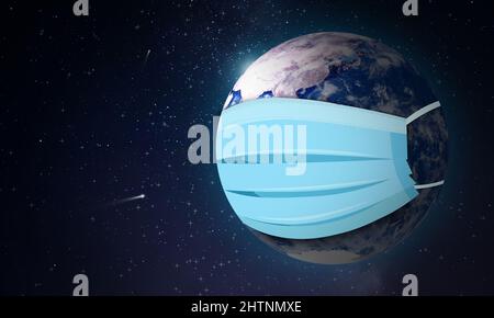 Earth Planet Wearing face Mask on wide Cosmos. Coronavirus Erath's Prevention and Protection Stock Photo
