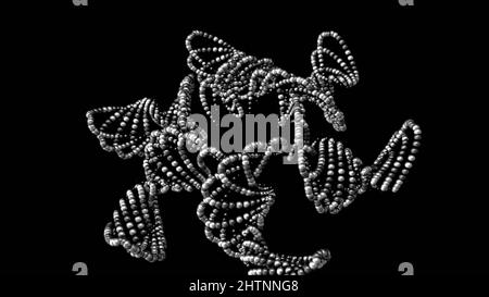 Abstract animation of monochrome patterns of small beads rotating and floating on the black background. 3d white beaded decorations Stock Photo
