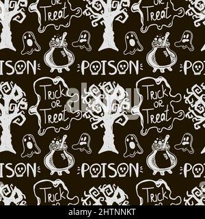 Seamless black background with Halloween elements drawn in doodle style. Gloomy tree, ghosts, lettering, and a cauldron of potions. Monogamous Hallowe Stock Vector