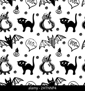 Seamless background with Halloween elements drawn in doodle style. Cute black cats, bats, and potion cauldrons. Monogamous Halloween background Stock Vector
