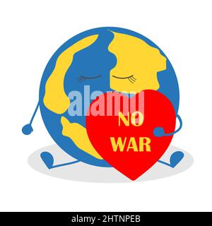 Planet earth with heart in hands. No war. Blue and yellow concept idea. Stop the war against Ukraine. Support for the country during the occupation Stock Vector