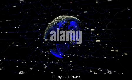 Global business concept of connections and information transfer in the world. Abstract animation of the beautiful earth hologram flying in cyberspace Stock Photo