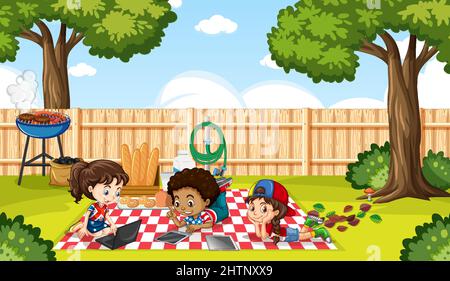 Scene with kids working on computer in garden illustration Stock Vector