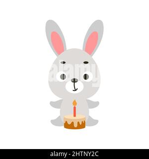 Cute little bunny with birthday cake on white background. Cartoon animal character for kids cards, baby shower, invitation, poster, t-shirt compositio Stock Vector