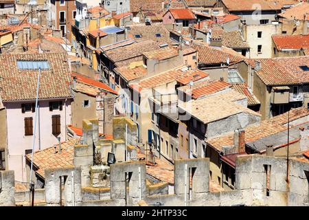 Elevated view of roofs in Narbone old town, France. Stock Photo