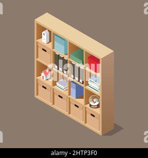 Isometric wooden shelves with books and objects decoration. Vector illustration Stock Vector