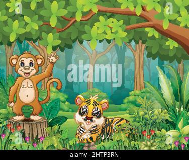 Animal cartoon in the beautiful green forest landscape Stock Vector