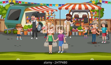 Flea market scene in cartoon style illustration Stock Vector