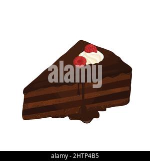 Slice of chocolate cake with fresh raspberry on white background, vector illustration Stock Vector