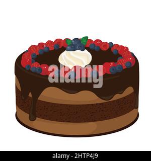 Cake with fresh berries and chocolate on white backround, vector illustration Stock Vector