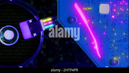 data flow on an internal hard disk drive for computers. Close up. Data, hardware and information concept Stock Photo
