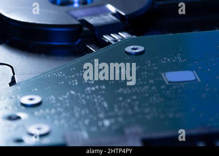 Details of an internal hard disk drive for computers. Close up. Data, hardware and information concept Stock Photo