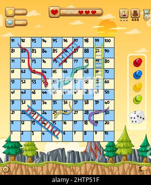 A snake ladder game template on forest background illustration Stock Vector