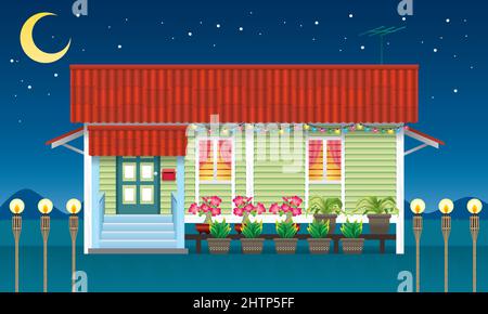 A beautiful traditional Malay style wooden village house. Stock Vector