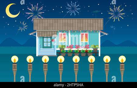 A beautiful traditional Malay style wooden village house. Stock Vector