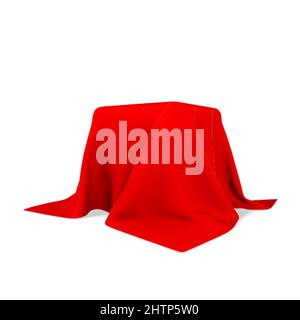 Square box covered with realistic red silk fabric isolated on light background. 3D realistic illustration. Vector illustration. Stock Vector