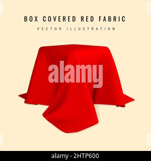 Square box covered with realistic red silk fabric isolated on light background. 3D realistic illustration. Vector illustration. Stock Vector