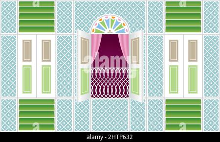 Beautiful traditional Malay style wooden window frame. Stock Vector