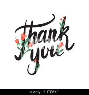Handwritten lettering Thank you with floral pattern. Brush calligraphy quote with folk ornament. Vector symbols isolated from the background for postc Stock Vector