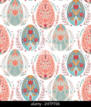 Vector seamless pattern with Easter eggs with a folk pattern and floral ornaments. Gentle texture with festive treat with a folk decoration on white Stock Vector