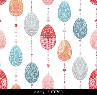 Vector seamless pattern with garlands of hanging Easter eggs with a folk pattern. Festive texture with a treat with a folk pattern on a white backgrou Stock Vector