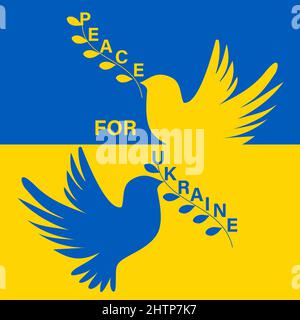 Peace  for Ukraine. Vector illustration with  two Pigeons Praying Peace for Ukraine. Stop the war. Stock Vector