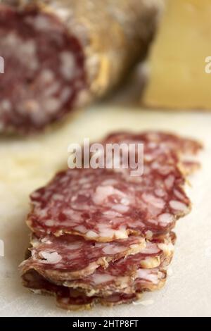 sliced calabrian salami called soppressata cularina Stock Photo