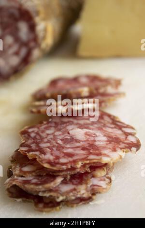 sliced calabrian salami called soppressata cularina Stock Photo