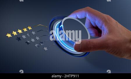 5 stars quality rating, best products and services concept with person hand selecting highest score. Customer satisfaction, reputation and excellence. Stock Photo