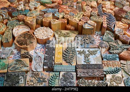 Printed fabric pattern. A modern hobby of old traditional crafts Stock Photo