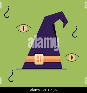 A witchs hat, a witchs headdress, a poster with a hat surrounded by an all seeing eye and a question symbol Stock Vector