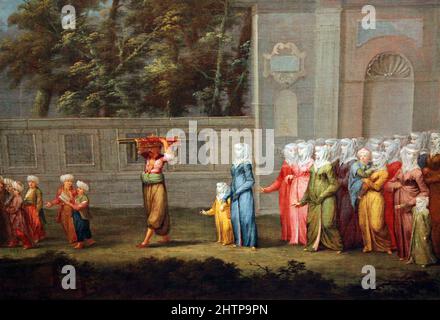 The First Day of School by Jean Baptiste Vanmour or Van Mour (1671 -1737).Flemish-French painter,famous for his detailed portrayal of life in the Ottoman Empire during the Tulip Era and the rule of Sultan Ahmed III. Stock Photo