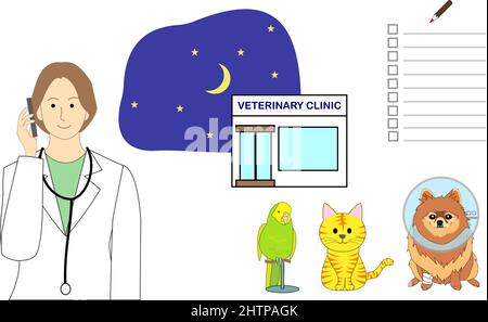 Night scene of veterinarian clinic with a tabby cat in an Elizabethan collar, pomeranian dog, a budgerigar, and a checklist Stock Vector