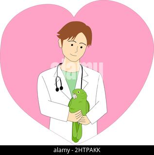 Veterinarian man holding a green parrot Stock Vector