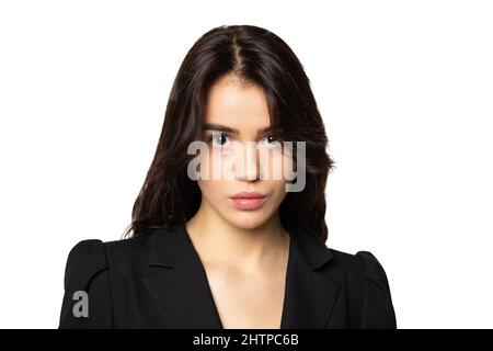 Close-up sad young ukrainian girl, student looking at camera isolated on white background. Concept of emotions, youth, peace, support Stock Photo