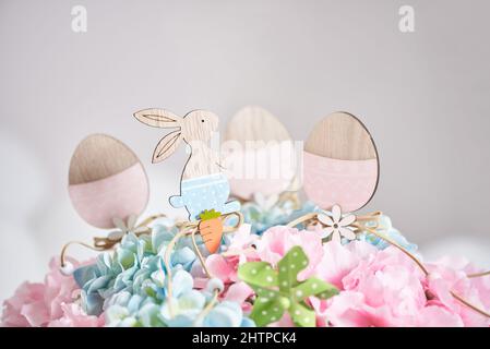 Bunny and eggs easter decor made of wood Stock Photo