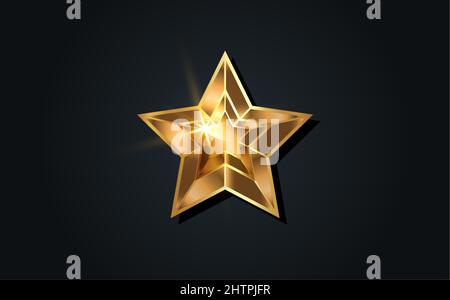 3D gold star with five rays elegant element isolated on black background. Golden luxury star prize concept, logo icon. Films and cinema symbol stock Stock Vector