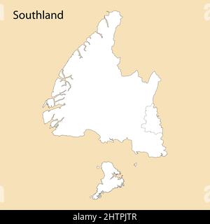 High Quality map of Southland is a region of New Zealand, with borders of the districts Stock Vector