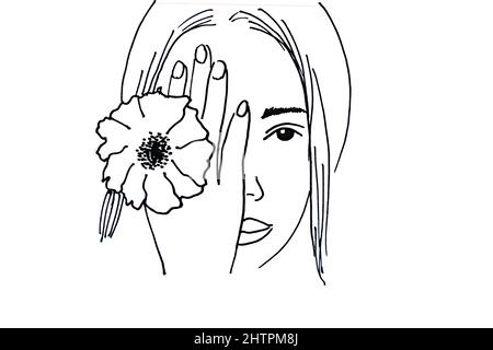 Handdrawn portrait illustration of woman with flowers , black ink pen Stock Photo