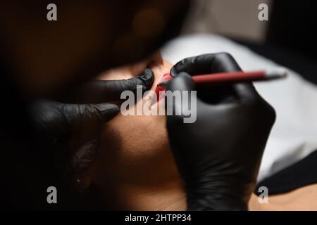 Cosmetologist applying permanent makeup on woman lips, microblading process Stock Photo