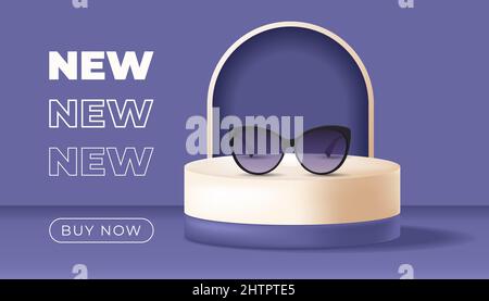 Sunglasses on podium. New collection, summer goods concept. Vector illustration in 3D realistic style Stock Vector